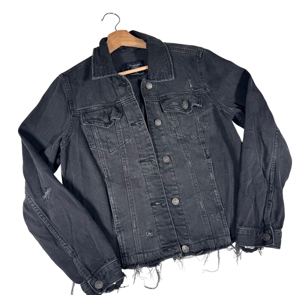 Abercrombie Black Distressed Denim Trucker Jacket Raw Hem Womens M| Grunge